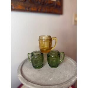 Set of 3 Vintage Mini Glass Barrel Mugs – Amber/Honey & Green